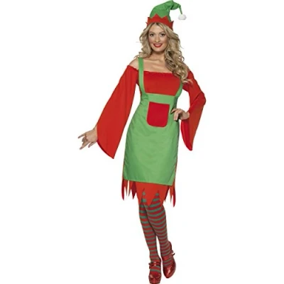 Image of Smiffys Cute Elf Costume, Red &amp; Green with Dress, Apron Hat, Christmas Adult Fancy Dress Up Costumes