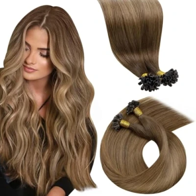 Image of LaaVoo U Tip Hair Extensions Real Human Brown Shadows to Light 22 Inch 50g 50 Strands Remy Straight #6/8/14