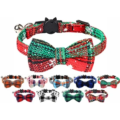 Image of Cat Collar with Bell and Bow Tie, Quick Release Safety Buckle Collars for Kitten Cats, Soft Tartan Design (Christmas Green)