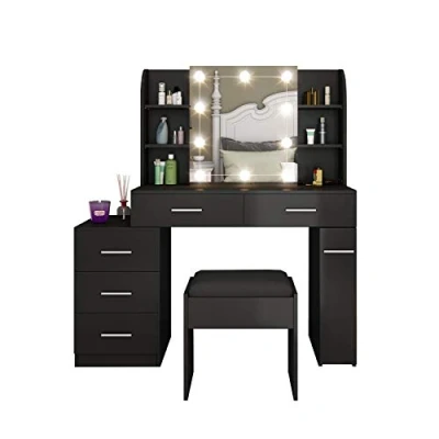 Image of Dressing Table Set Makeup with LED Lights, Mirror, 5 Drawers Vanity Cushioned Stool for Girls Bedroom (Black)