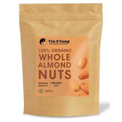 Image of Organic Almonds 1kg Whole, Raw, 100% Natural, by Yin &amp; Yang Superfoods. Premium Quality, High in Fibre Source of Protein, Vegan, Contains Antioxidants, Certified Organic, Sourced Italy