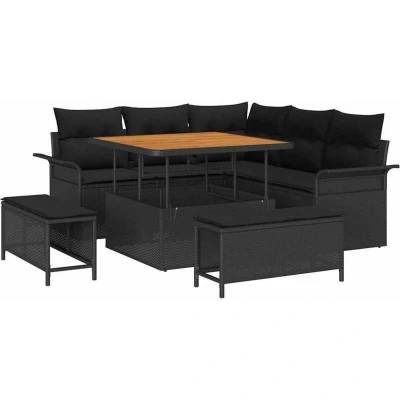 Image of vidaXL 8 Piece Garden Sofa Set with Cushions Black Poly Rattan Acacia