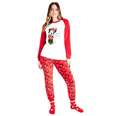 Image of Disney Womens Pyjamas, Fleece Loungewear and Fluffy Socks Stitch Gift Set (White/Red Minnie, L)