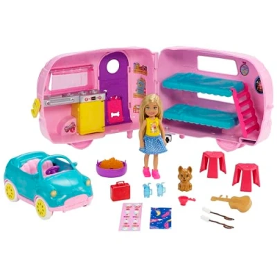 Image of Barbie Chelsea Doll with Toy Car and Camper Playset, Blonde Puppy 10 Camping Accessories Accessories, Toys for Ages 3 Up, One Doll, FXG90