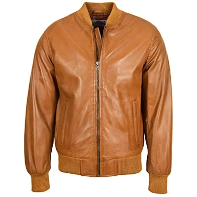 Image of Mens Real Leather Bomber Jacket MA 1 Varsity Style Ryan (XL, Tan)