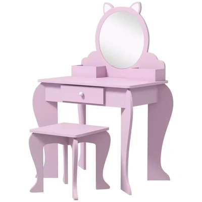Image of ZONEKIZ Kids Dressing Table, Vanity Girls Table with Mirror, Stool, Drawer, Storage Boxes, Cat Design, for Ages 3 6 Years Pink