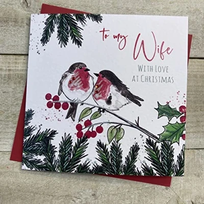 Image of WHITE COTTON CARDS TO MY WIFE CHRISTMAS CARD, 2 ROBINS HANDMADE (C22 15 W)