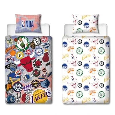 Image of Character World NBA Officially Licensed Single Duvet Cover Set Team Badges Design Reversible 2 Sided Basketball Bedding Including Matching Pillow Case Perfect For Kids Bedroom