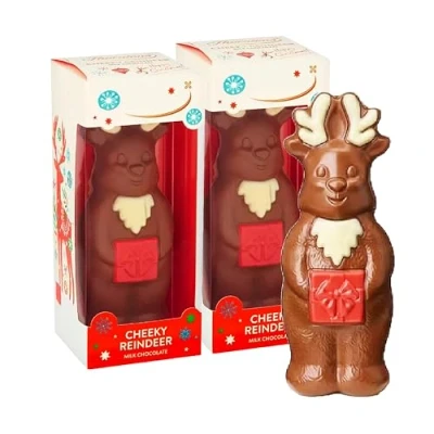 Image of Thorntons Christmas Chocolate Bulk Buy Pack of 2 x 90g Milk Cheeky Reindeer Models with Topline Gift Card. Sweet Hamper for Kids Secret Santa Gifts, Stocking Fillers., Brown