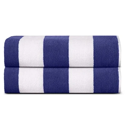 Image of Sweet Needle Beach Towels for Adults Pack of 2 Royal Blue White Cabana Striped Classic 100% Cotton Terry Ringspun Pool towel, Quick Dry, Super Absorbent Swimming large 100x150 cm