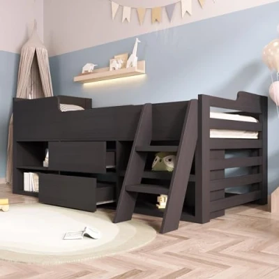 Image of Merax Kids Bed Frame, Wooden Storage Toddler Bed, Children&#039;s Cabin with Drawers Shelf Ladder, Mid Sleeper 3ft Single Frame for Children, 90 x 190 cm, Taupe