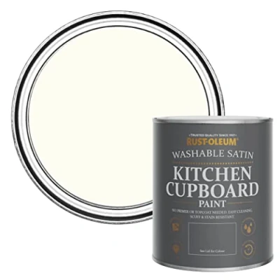 Image of Rust Oleum White Scrubbable Kitchen Cupboard Paint in Satin Finish Porcelain 750ml