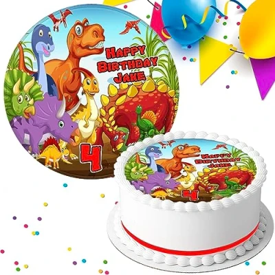 Image of Dinosaur Personalised Happy Birthday 7.5 INCH Edible Icing Cake Topper Decoration B065