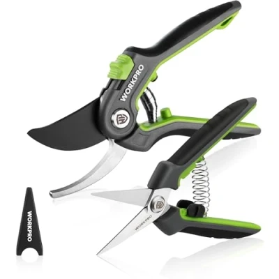 Image of WORKPRO 2 Piece Secateurs &amp; Pruning Scissors Heavy Duty 210mm Bypass with SK5 Blades and 160mm Shears Labor Saving Safty Lock Essential Garden Tools for Flowers