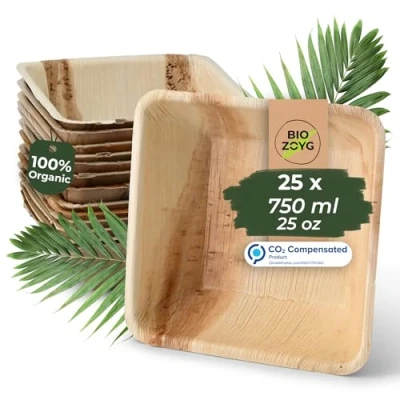 Image of BIOZOYG 25x Palm Leaf Bowl 750 ml 18 cm Square Disposable Soup Plate, Compostable Salad Sustainable Partyware