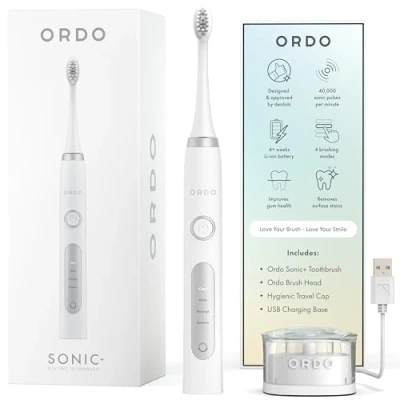 Image of Ordo Sonic+ Electric Toothbrush for Adults, Advanced Smart Tech, 4 Brushing Modes, Fast Rechargeable Sonic Toothbrush, 4+ Weeks Battery Life, Silicone Polishing Element, USB Charger, White/Silver