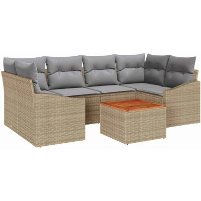 Image of vidaXL 7 Piece Garden Sofa Set with Cushions Beige Poly Rattan Acacia