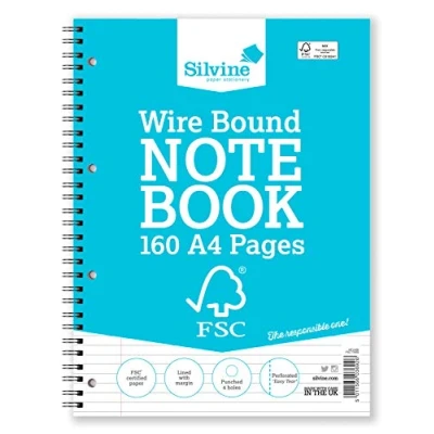 Image of Silvine A4 Everyday FSC Twin Wire Notebook Lined with Margin, 160 Pages of Certified Paper. Ref FSCTW80