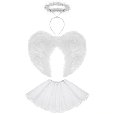 Image of Lizzy Girls Angel Fairy Feather Wings Halo Fancy Dress Costume Outfit Stage Party WHITE All 3 items (Halo headband,Wings, Tutu)