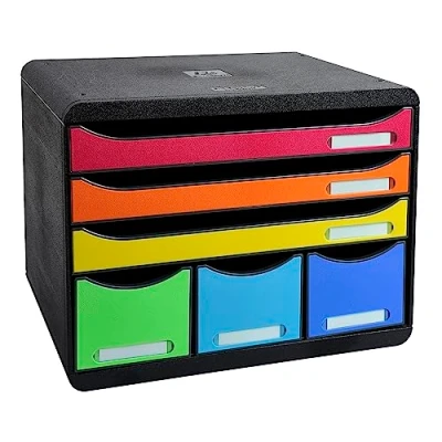 Image of Exacompta Ref 306798D Iderama Collection Store Box Plus 6 Drawer Set 270 x 355 271mm in Size, 3 A4+ Drawers + Accessory Drawers, Stackable, Open Harlequin