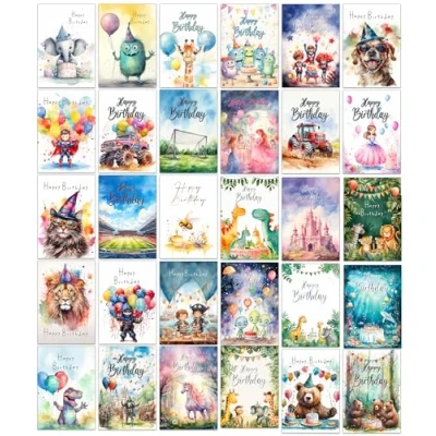 Image of 30 Different Bright and Fun Assorted Kids Birthday Cards with Envelopes (Children)