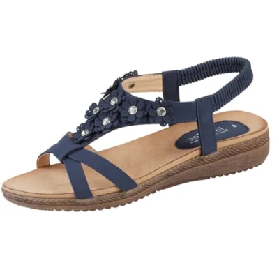 Image of Jo &amp; Joe Ladies Flower Diamante T Bar Low Wedge Slingback Sandals Naples Navy UK 6