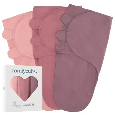 Image of Comfy Cubs Baby Blanket, Swaddle Blanket 0 3 months, Newborn Essentials, Infant Sleep Sack Wrap, 100% Breathable Cotton, Boy Girl, Adjustable Pack (Blush, Mauve, Mulberry, Small Medium)