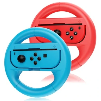 Image of Tuocal 2 Packs Steering Wheels for Nintendo Switch &amp; OLED Joy Cons, Racing Controller Accessories Mario Kart 8 Deluxe (Red&amp;Blue)