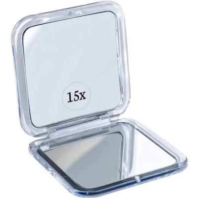 Image of MIRRORVANA Small Compact 15X Magnifying Mirror for Travel Handheld, Foldable &amp; Very Lightweight Mini Pocket Sized Magnified Purse Square 8cm x