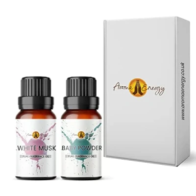 Image of White Musk &amp; Baby Powder Fragrance Oil Set 2 x 10ml Diffuser for Home, Candle Making, soap, Wax Melts, Massage, Perfume, Aromatherapy Gift Box Vegan Made in UK