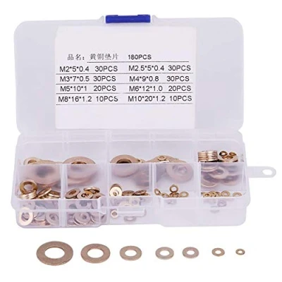 Image of Flat Washers, 180pcs M2/M2.5/M3/M4/M5/M6/M8/M10 Brass Round Washer Kit Assortment with Box