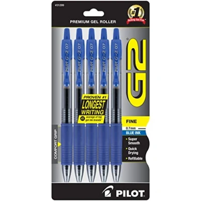 Image of PILOT, G2 Premium Gel Roller Pens, Fine Point 0.7 mm, Blue, Pack of 5