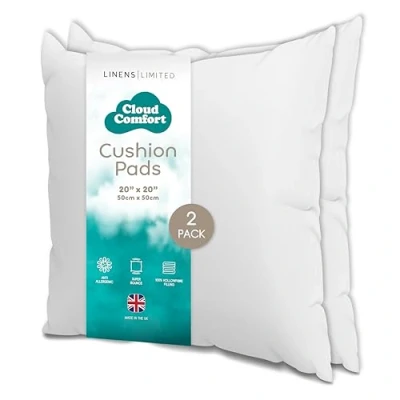 Image of Linens Limited Cushion Insert 50cm x 50cm, Soft and Plump, Non Allergenic Sofa Pad, Easy to Clean, Small Inner, Perfectly Fits Covers (White) (2 Pack)