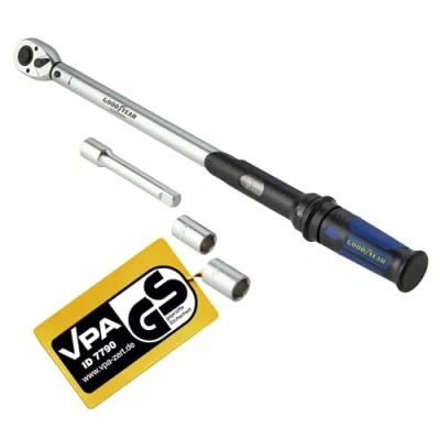 Image of Goodyear Premium torque wrench, adjustable from 42 to 210 Nm, 1/2&quot; square drive, incl. extension and 17 mm 19 sockets