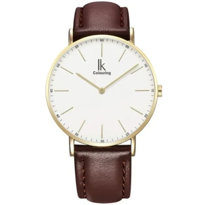 Image of Alienwork IK Watch Men Women Gold Leather Strap Brown White Ultra Thin