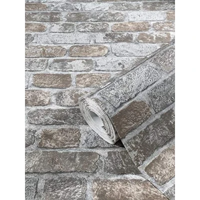 Image of Marburg Stone Wallpaper 3D Grey Brown Brick Effect Rustic for Bedroom Living Room or Kitchen Optics 10.05 x 0.53m