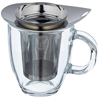 Image of Bodum K11239 16 NEW YO Glass Mug with Tea Strainer (0.35 L/12 oz) Black/transparent/Chrome