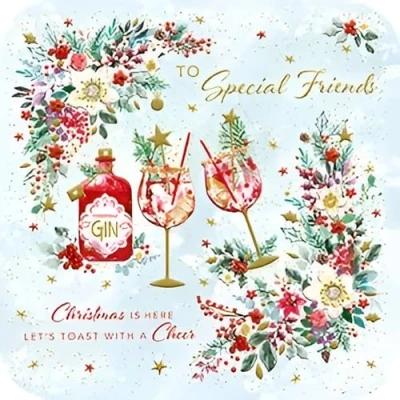 Image of Noel Tatt Special Friends Christmas Card, Single Cards with Floral Gin Cocktails Design and Finishes Eco Friendly Xmas Envelope
