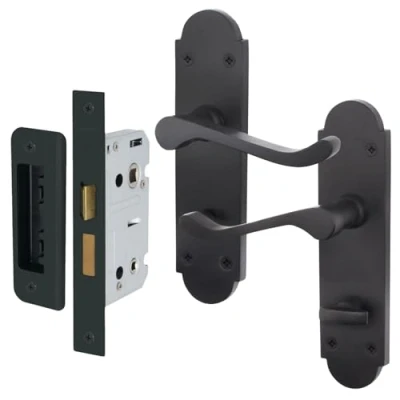 Image of EAI Black Bathroom Door Handle Set Victorian Scroll Shaped 1 Pair of Internal Matt Lever Handles on Backplate with Lock (64mm)