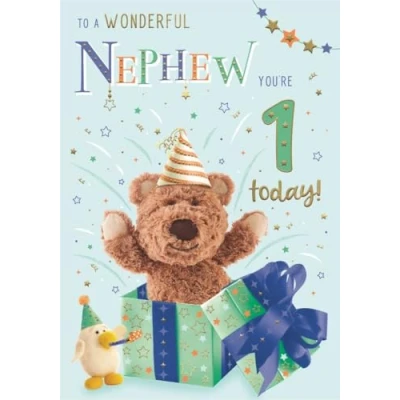 Image of ICG Nephew 1st Birthday Card for Boys Barley Bear in a Present with an Embossed Foil Finish Eco Friendly