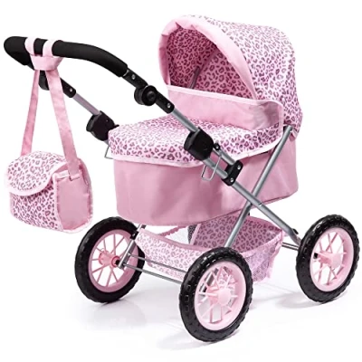 Image of Bayer Design 13002AA Dolls Pram Trendy, stroller, foldable, height adjustable handle, bag, grey pink with fairy