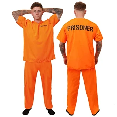Image of Adults Unisex Prisoners Costume Orange Prisoner Top, Matching Trousers Cops &amp; Robbers, Halloween Fancy Dress (Small)