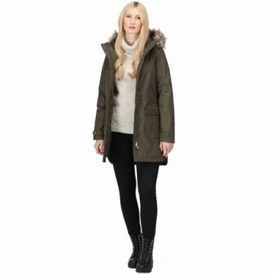 Image of Regatta Womens Sabinka Fur Trim Parka Jacket Dark Khaki Size 14