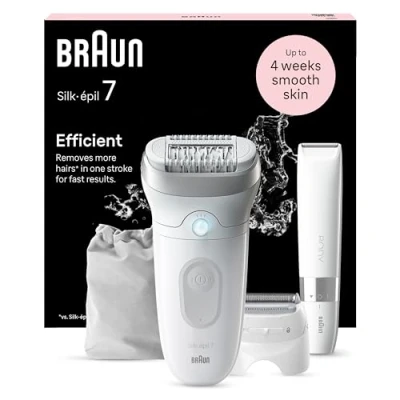 Image of Braun Silk épil 7, Epilator with Wide Head for Easy Hair Removal, Wet &amp; Dry, Lasting Smooth Skin, Lady Shaver Trimmer Comb, Body Mini Shaver, 7 441, White/Silver