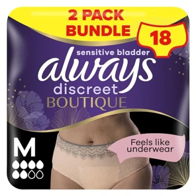 Image of Always Discreet Boutique Incontinence Pants Women, Medium, UK Dress Size 8 14, Beige, Absorbency 6, 18 Underwear/Knickers, Heavy Bladder Leak Protection/Maternity Postpartum, Odour Neutraliser