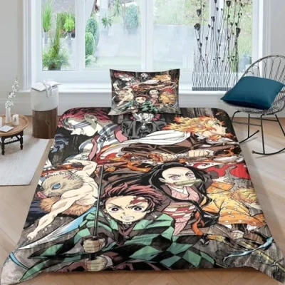 Image of GDEKCIEAS Anime 3D Demon Slayer Duvet Cover Set,Soft Microfiber Bedding Quilt Cover,2Pcs Comforter for Boys,Girls,Teens,And Adults Single（135x200cm）