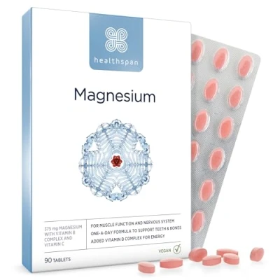 Image of Healthspan Magnesium 375mg Everyday Support for Muscles &amp; Nervous System Added B Vitamins Complex Benefits Your Bones, Teeth Energy Levels Vegan (90 Tablets)