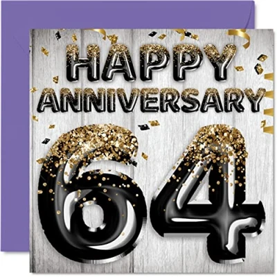 Image of Awesome 64th Anniversary Card for Husband Boyfriend Wife Girlfriend Black Gold Glitter Balloons Happy 64 Cards from Family, 145mm x Greeting Sixty Fourth Anniversaries