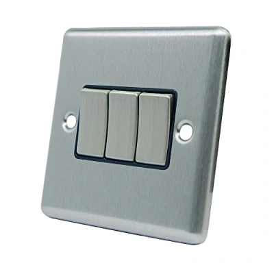 Image of AET CSC3GSWIBS Satin Chrome Classical Black Insert Metal Rocker Switches 10 Amp Triple 3 Gang 2 Way Light Switch