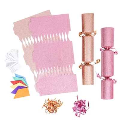 Image of evelay 12 Make Your Own Christmas Cracker Kit DIY Pink &amp; Rose Gold Glitter Crackers Hats Snaps Jokes (Pink, Gold)